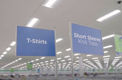 In store sign displaying T-Shirts, and another displaying Short Sleeve Knit Tops.