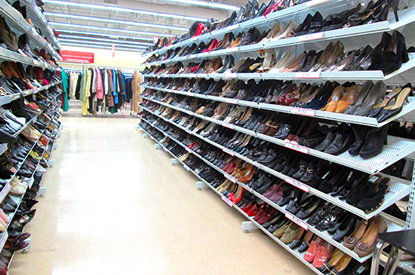 Shelves of shoes in the shoe department.