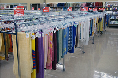 Racks of sheets and towels.
