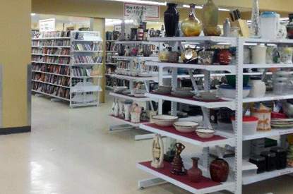 Shelves of home décor items and books.