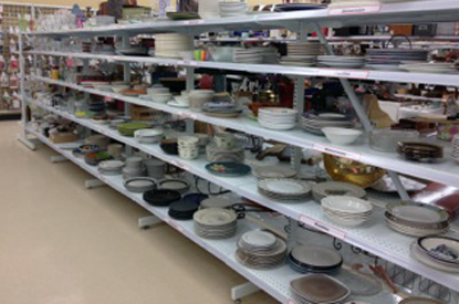 Shelves filled with plates.