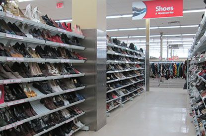 Shelves of shoes.