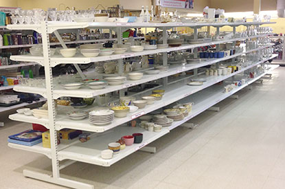 Shelves of plates and bowls.