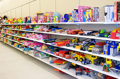 Shelves of toys in the toy department.